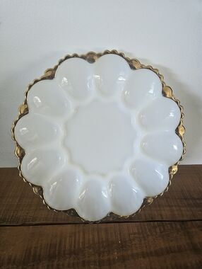 Vintage Milk Glass Deviled Egg Plate Gold Trim – 12 Slot Serving Tray